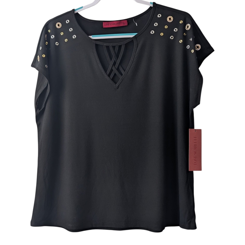 LOVE SCARLETT WOMEN'S BLACK ELEGANT BLOUSE WITH GOLD & SILVER EYELETS SIZE XL